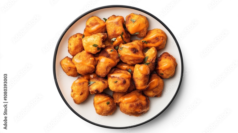 Plate of golden, crispy fried appetizer balls drizzled with orange sauce and garnished with herbs on a white background.