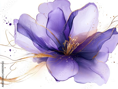 A beautiful purple flower with gold edges, vector illustration on a white background, watercolor 