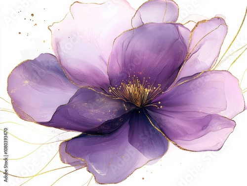 A beautiful purple flower with gold edges, vector illustration on a white background, watercolor and alcohol ink painting