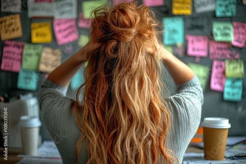 Overwhelmed Woman Facing Wall of Colorful Sticky Notes