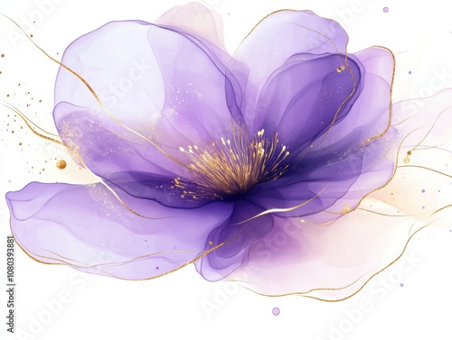 A beautiful purple flower with gold edges, vector illustration on a white background, watercolor and alcohol ink painting