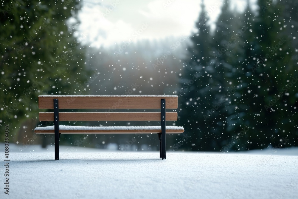 Snowfall over a tranquil bench in a winter forest nature photography serene environment peaceful viewpoint Snowfall over a tranquil bench in a winter forest nature photography serene environment peaceful viewpoint
