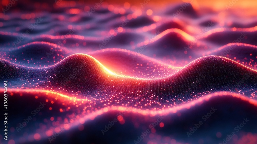 Dynamic 3D Wavy Surface with Sparkling Points in Soft Pink-Orange Glow and Dark Background Dynamic 3D Wavy Surface with Sparkling Points in Soft Pink-Orange Glow and Dark Background