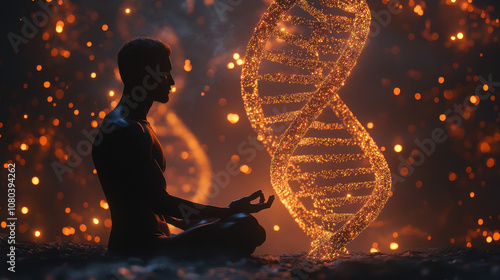 Meditative Silhouette with Glowing DNA Strand photo