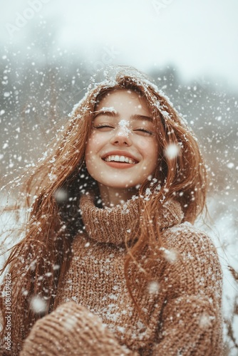 Young woman smiling in snowfall wearing warm winter clothes