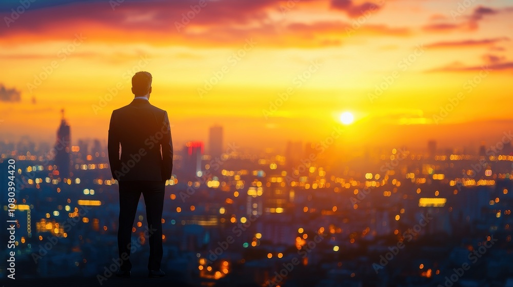 Silhouette of a man facing the city at sunset. This image can be used to represent ambition, success, or the pursuit of dreams. Silhouette of a man facing the city at sunset. This image can be used to represent ambition, success, or the pursuit of dreams.