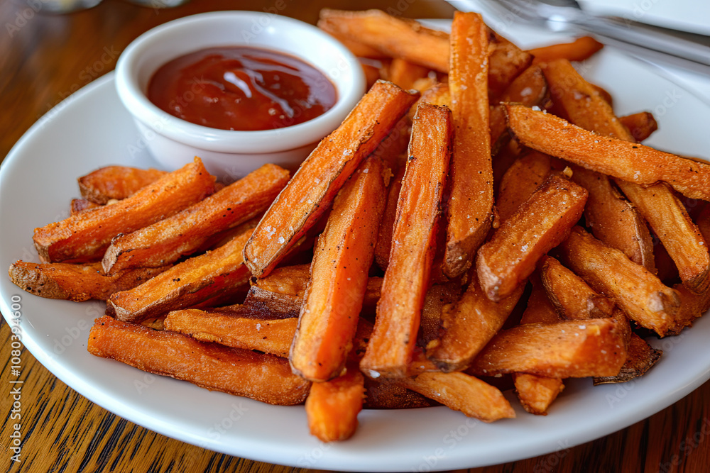 Vegan sweet potato fries with a spicy dipping sauce Vegan sweet potato fries with a spicy dipping sauce