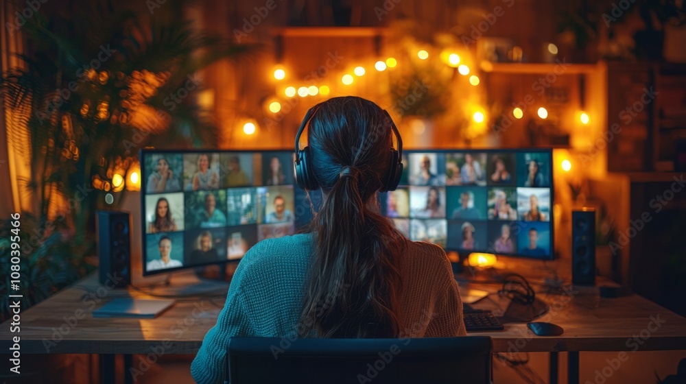 A woman participating in a virtual meeting at home surrounded by warm lights and greenery in the evening A woman participating in a virtual meeting at home surrounded by warm lights and greenery in the evening