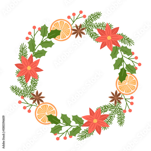 Christmas Wreath with Poinsettia, Oranges, Red Berries, and Anise