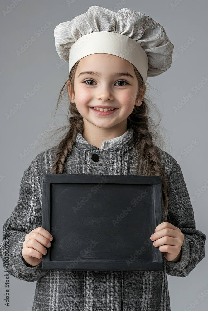 Cooking, culinary and profession concept - happy smiling little girl in chef's toque and jacket with black chalkboard over grey background Cooking, culinary and profession concept - happy smiling little girl in chef's toque and jacket with black chalkboard over grey background