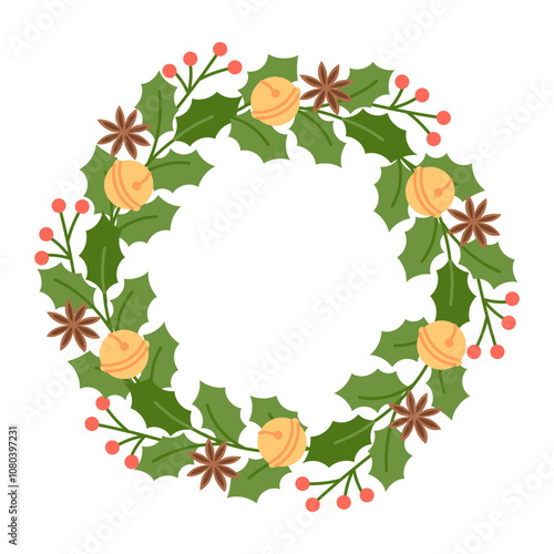 Christmas wreath decorated with Christmas bells, red berries, and anise