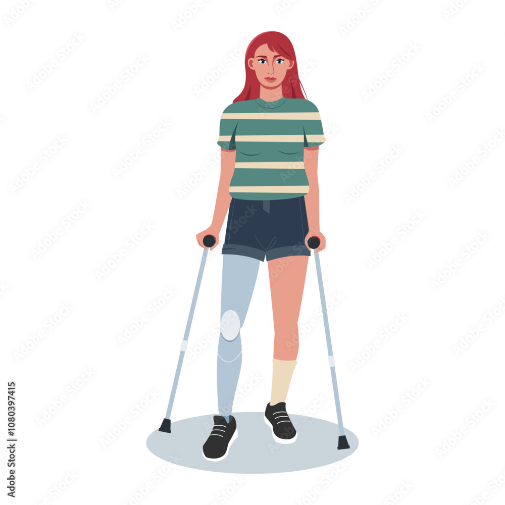 A young woman with a prosthetic leg and crutches in a flat style. Background is white. Concept of empowerment. Vector illustration
