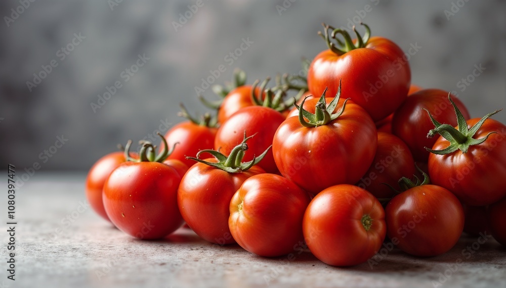 Fresh ripe tomatoes stacked on a marble surface representing healthy food Fresh ripe tomatoes stacked on a marble surface representing healthy food