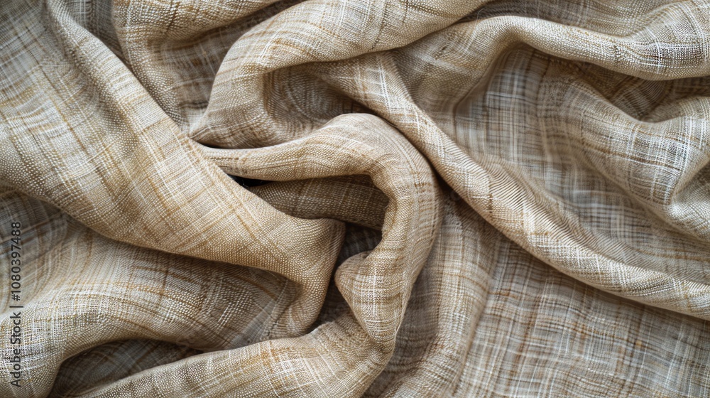A close-up shot of a beige and brown checkered fabric with a textured weave. A close-up shot of a beige and brown checkered fabric with a textured weave.