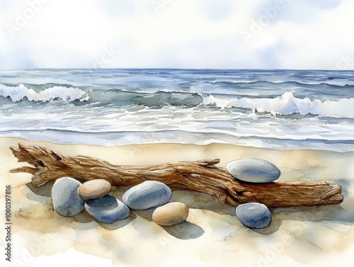 Create a serene watercolor painting of a peaceful beach scene featuring smooth stones