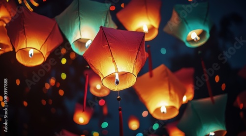 Festival of lights, paper sky lanterns at night, travel photography  photo