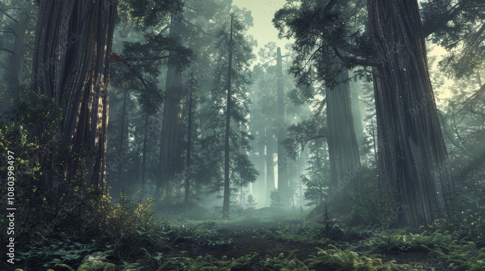Fototapeta premium Misty Redwood Forest with Towering Trees