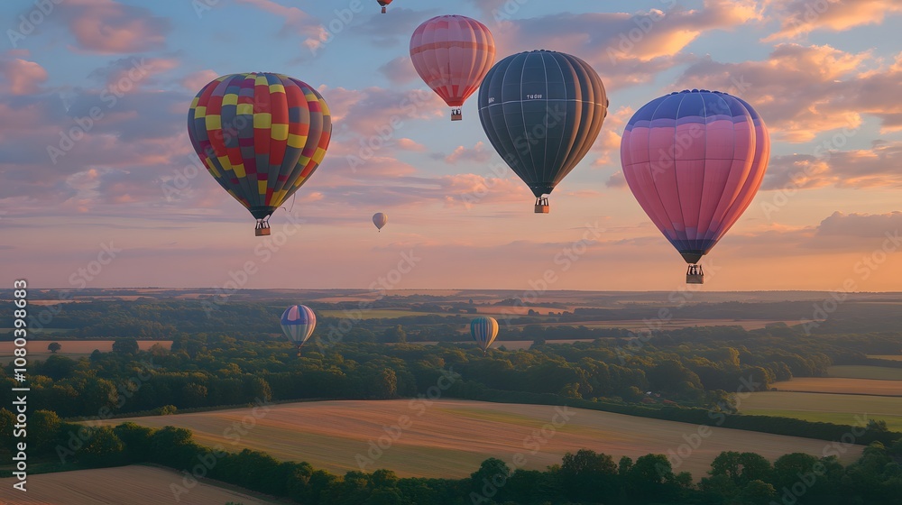 Fototapeta premium A serene landscape featuring colorful hot air balloons floating over fields at sunset.