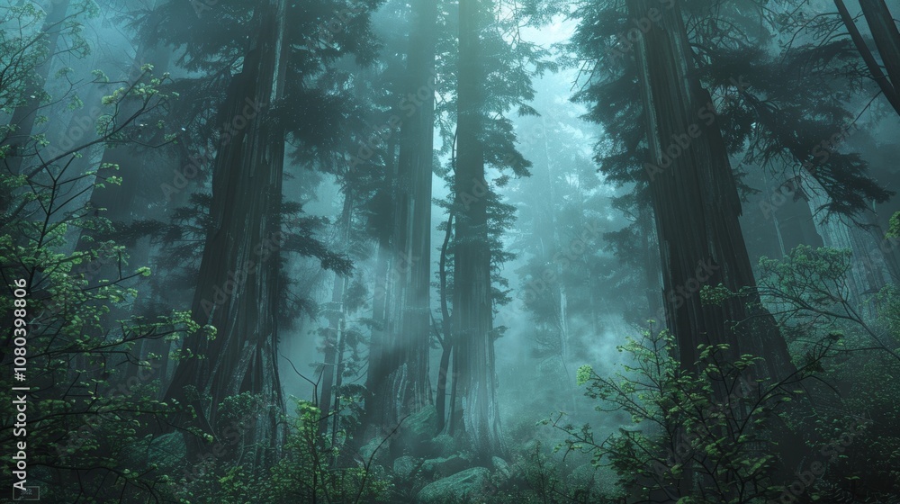 Obraz premium Misty Redwood Forest with Towering Trees