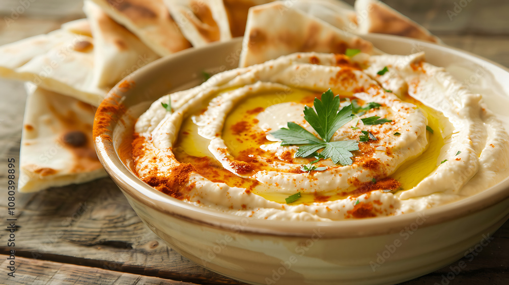 A Bowl of Creamy Hummus Topped with a Drizzle of Extra Virgin Olive Oil, Garnished with Paprika and Fresh Herbs, Perfect for Dipping or As a Healthy Snack