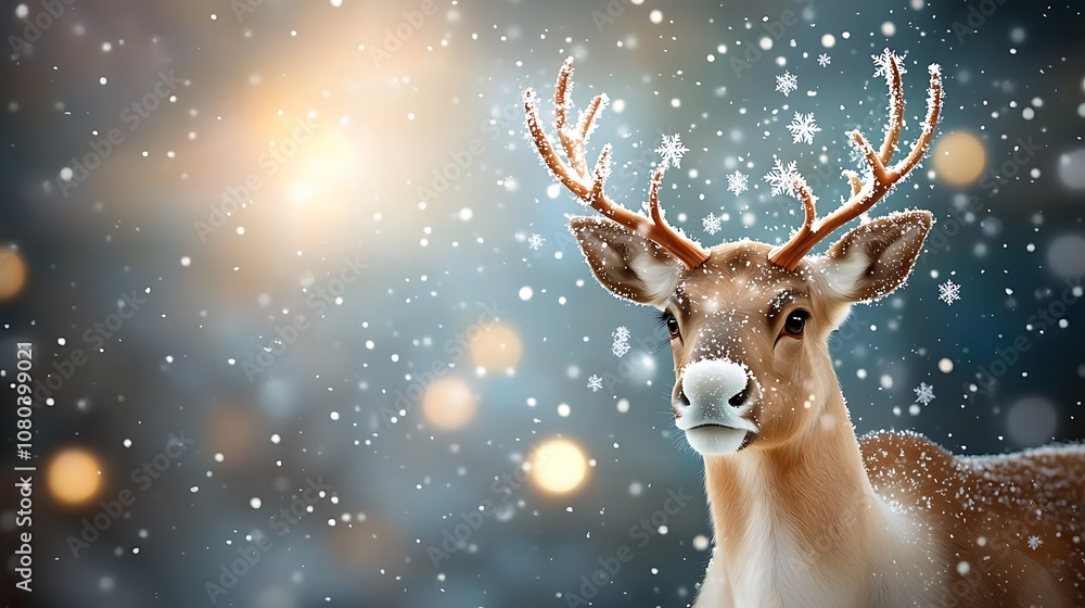 A majestic Christmas reindeer stands tall amidst a serene winter wonderland scene, its antlers adorned with shimmering snowflakes glistening under the soft glow of a moonlit sky A majestic Christmas reindeer stands tall amidst a serene winter wonderland scene, its antlers adorned with shimmering snowflakes glistening under the soft glow of a moonlit sky