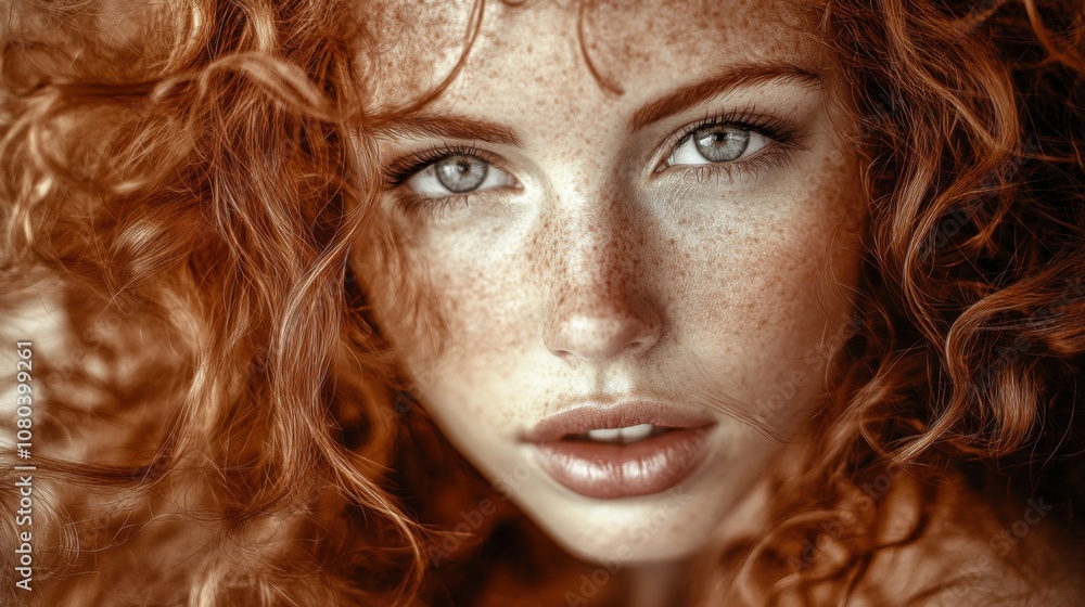 Captivating curls frame a beautiful woman who gazes into the camera with intensity Captivating curls frame a beautiful woman who gazes into the camera with intensity