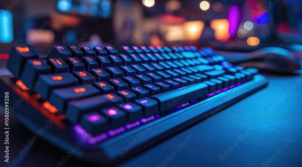 A close-up of a black illuminated keyboard with glowing orange and purple keys. A close-up of a black illuminated keyboard with glowing orange and purple keys.