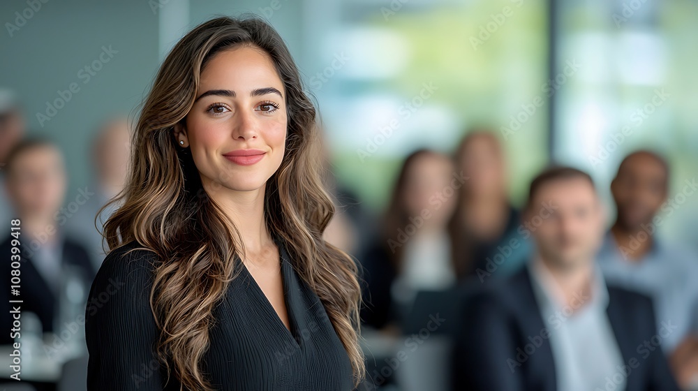 The confident businesswoman stands tall before a crowded conference room, commanding attention with her poised posture and articulate delivery The confident businesswoman stands tall before a crowded conference room, commanding attention with her poised posture and articulate delivery