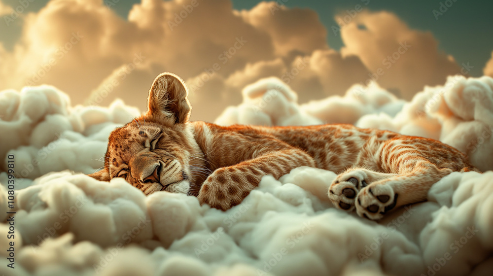 Obraz premium Lion cub curled up on fluffy clouds. In style of surreal golden light dreamscape.