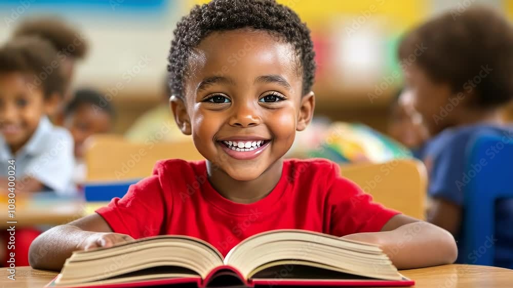 Young Student Enjoying Reading in Classroom Young Student Enjoying Reading in Classroom