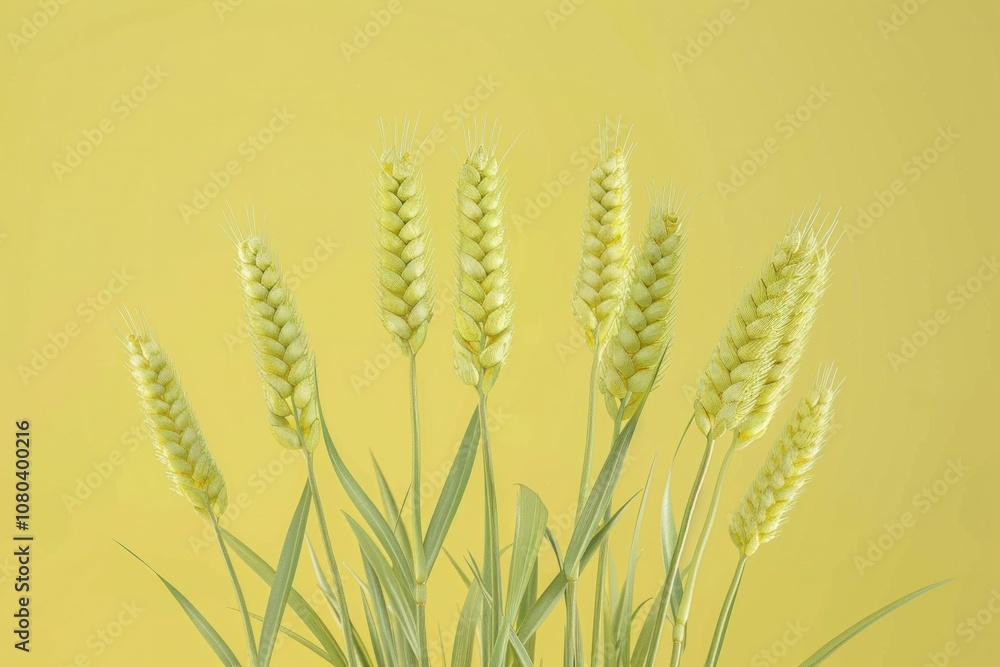 Naklejka premium Wheat ears against a vibrant yellow background, showcasing the beauty of nature and agriculture The soft hues convey warmth and vitality, ideal for themes of harvest and growth