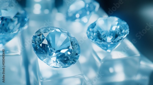 A close up of four blue diamonds on a table photo