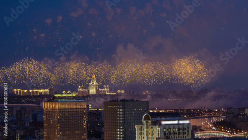 Fireworks on Lomonosov Moscow State University Main Building background at night timelapse