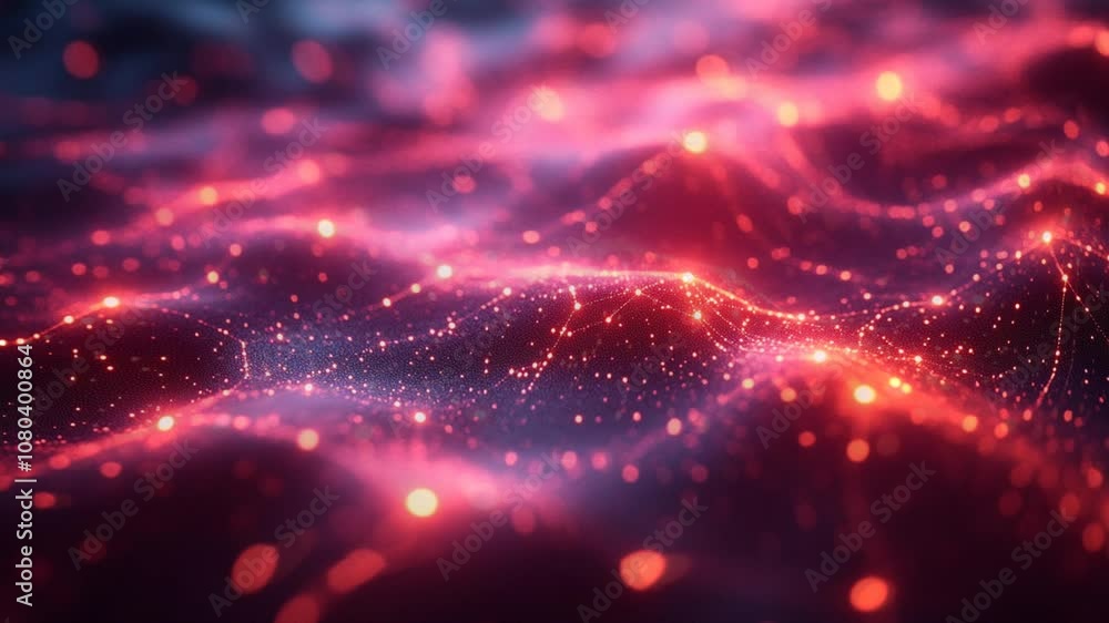 Vibrant Abstract Waveform with Glowing Points and Interconnected Nodes in a Futuristic Red-Pink Gradient Vibrant Abstract Waveform with Glowing Points and Interconnected Nodes in a Futuristic Red-Pink Gradient