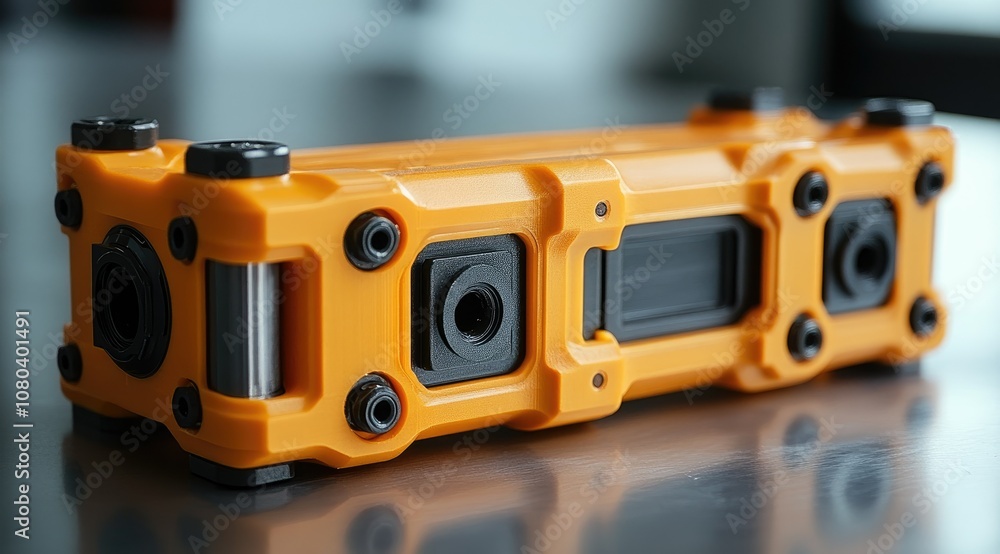 Fototapeta premium A close-up of an orange, futuristic, modular device with black accents and screws, on a reflective surface.