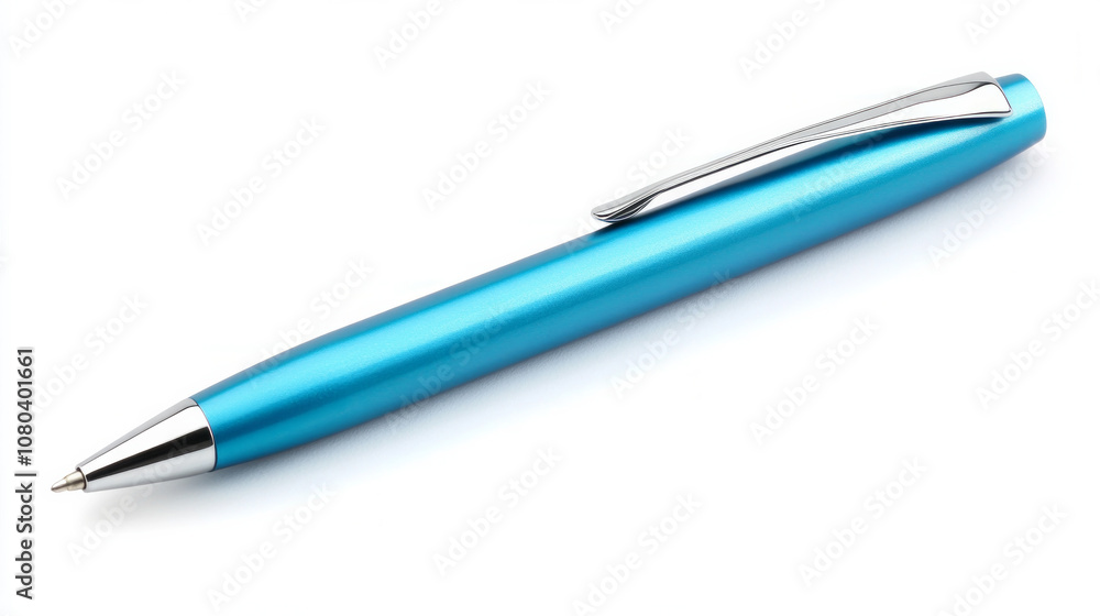 A sleek blue pen rests on a clean white background, highlighting its modern design and simplicity A sleek blue pen rests on a clean white background, highlighting its modern design and simplicity