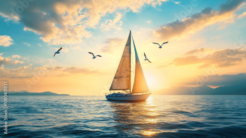 Fototapeta Naklejka Na Ścianę i Meble -  Aerial view of a sailboat gracefully navigating the calm open sea during a vibrant sunset with soaring seagulls in the background