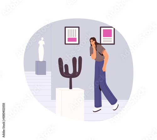 Visitor walks in contemporary art gallery, enjoys of abstract expositions, paintings. Girl looking at sculptures, pictures in museum exhibition. Flat isolated vector illustration on white background