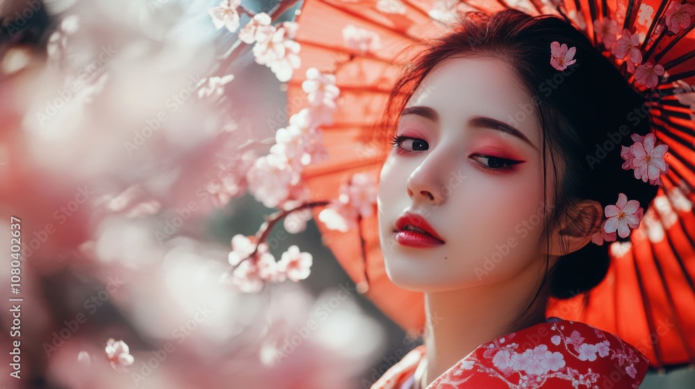 Traditional Japanese woman adorned with cherry blossom motifs Traditional Japanese woman adorned with cherry blossom motifs