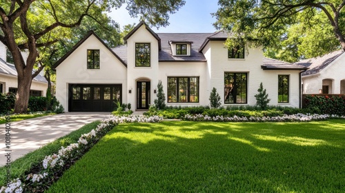 Charming modern house with lush green lawn and beautiful landscaping.