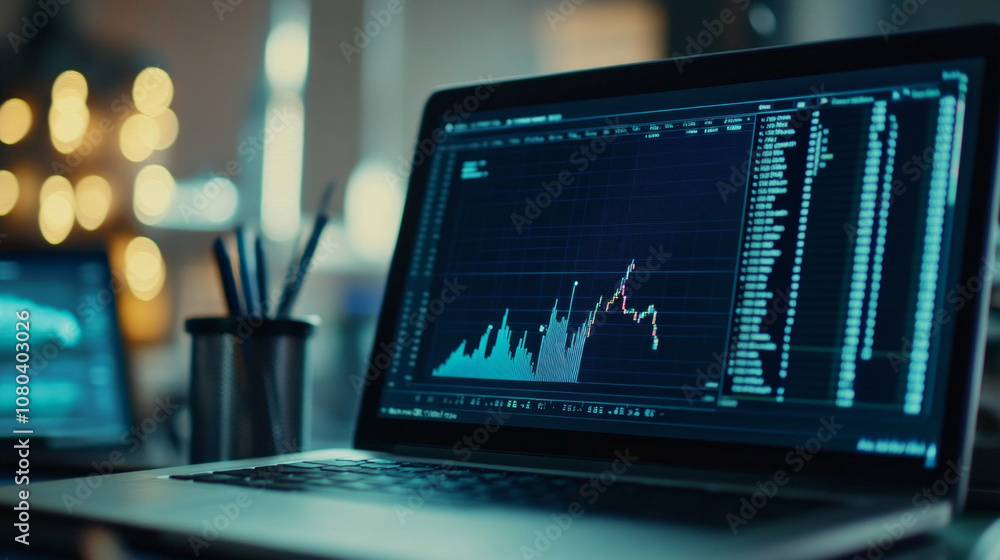 A laptop displays financial data analysis with graphs and charts during a work session at a modern office setting in the evening A laptop displays financial data analysis with graphs and charts during a work session at a modern office setting in the evening