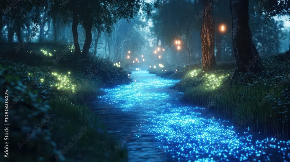 Fototapeta premium A serene landscape with glowing bioluminescent plants and soft mist