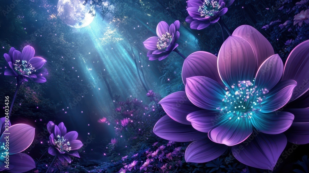 A mystical forest with violet glowing flowers and beams of moonlight A mystical forest with violet glowing flowers and beams of moonlight