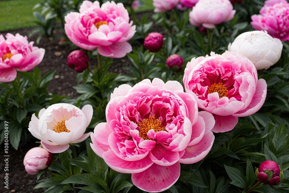 Intricate Pink Peony Blossoms in a Charming Garden Display Intricate Pink Peony Blossoms in a Charming Garden Display