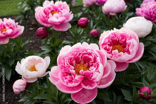 Intricate Pink Peony Blossoms in a Charming Garden Display
