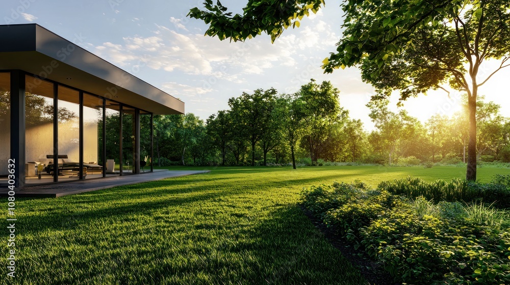 Fototapeta premium Modern house with large windows, surrounded by lush green gardens at sunset.