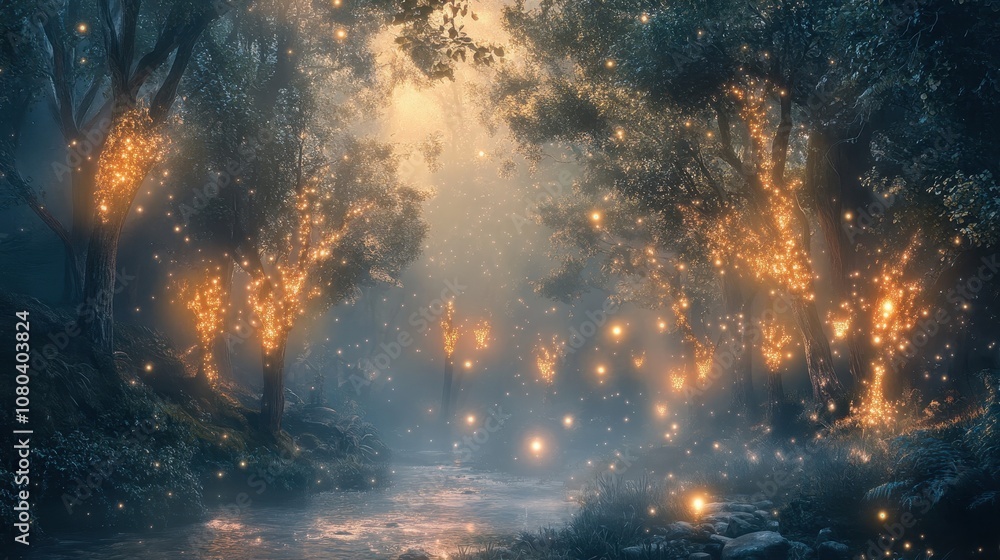 Misty air surrounds glowing crystal trees and a serene starlit stream Misty air surrounds glowing crystal trees and a serene starlit stream