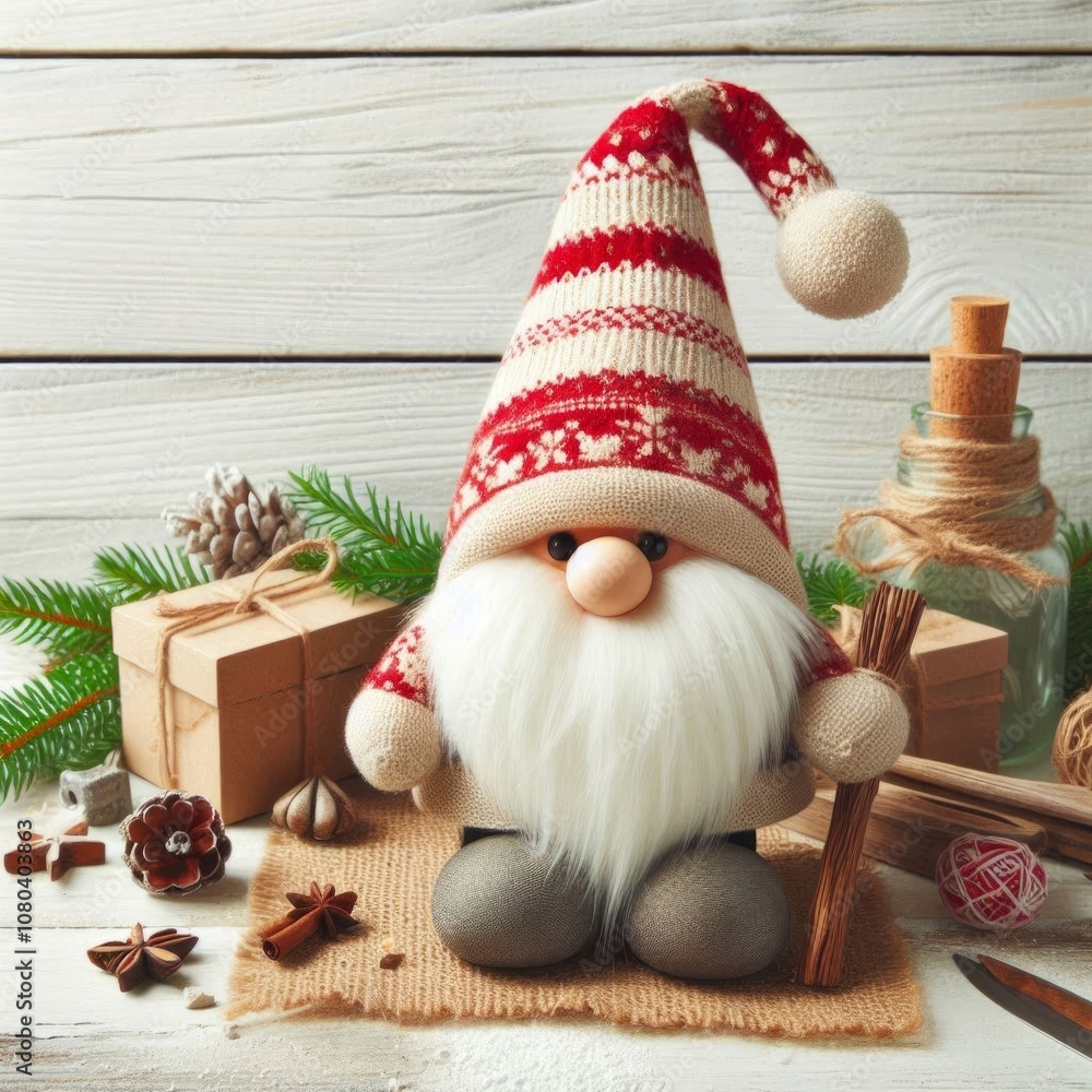 Obraz premium DIY gnome on a white wooden background for country style Christmas decor. AI generated.