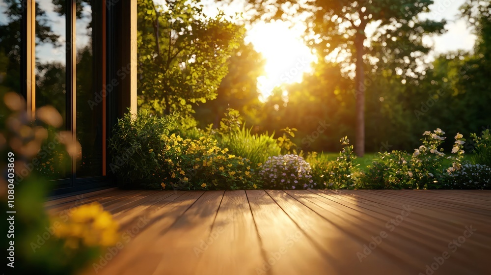 Sunset view from a wooden deck surrounded by lush greenery and vibrant flowers. Sunset view from a wooden deck surrounded by lush greenery and vibrant flowers.