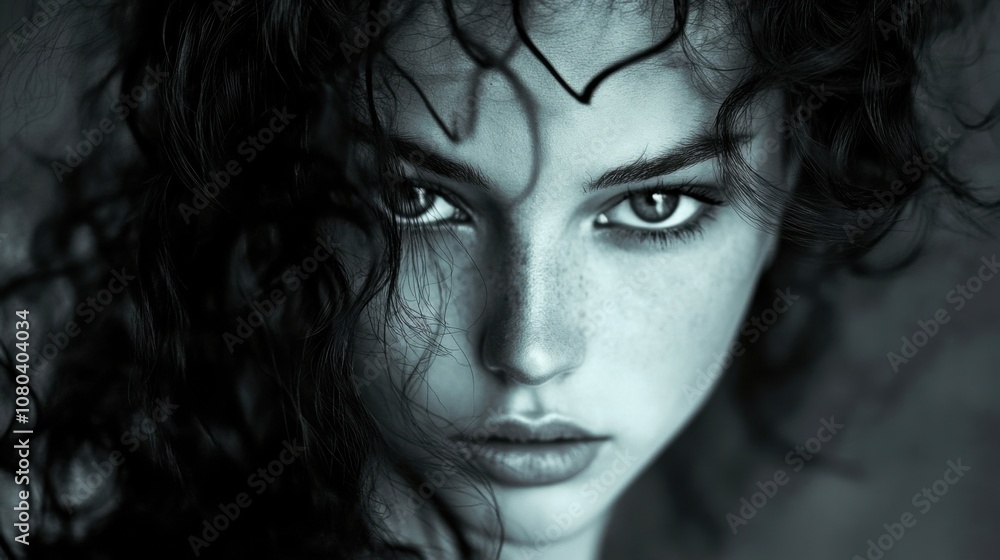 Captivating curls frame a beautiful woman who gazes into the camera with intensity Captivating curls frame a beautiful woman who gazes into the camera with intensity